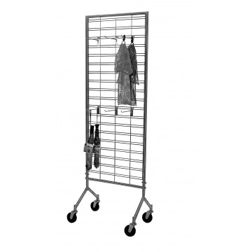 GRILLE SLAT ROULANTE POUR ACCESSOIRES - NICKEL SATINÉ.  POUR VOTRE MARCHANDISES PLIÉES OU PENDUES LE LONG DU PERIMÈTRE.  FABRIQUÉ DE TUBES ÉLÉGANTS FINI SATIN NICKEL, 2 TRINGLES EN TUBES D’ACIER DÉTACHABLES DE 48’’L X 2’’ DIAM. EN OPTION LES TABLETTES EN 